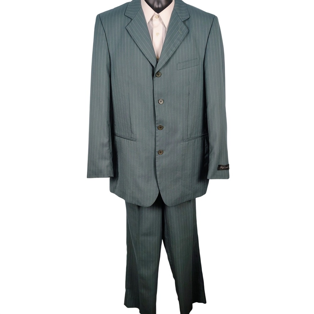 Riccardo Mens SZ 40L Pinstripe Suit Set Teal Green Polyester Dark Academia Retro